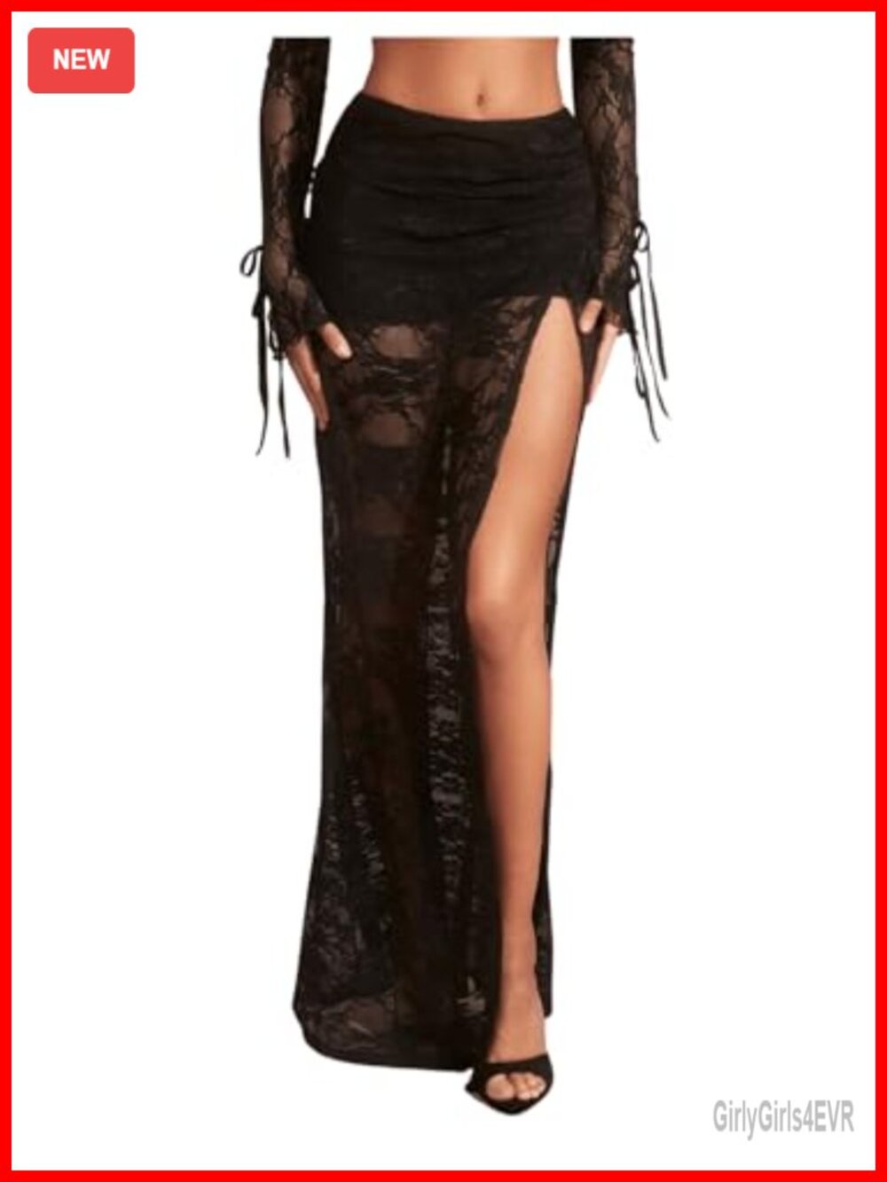 Floral Lace Long Maxi Skirt with High Slit Sheer Low Rise Flare